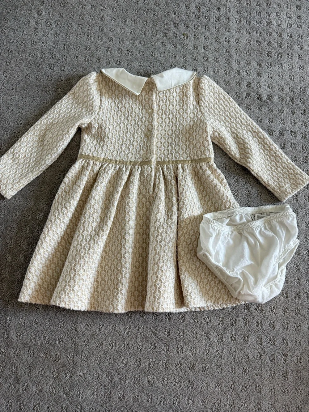 Janie and Jack Cream and metallic Gold Textured Dress with Peter Pan Collar